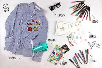 Camisa $700 de Filipina / Anteojos de Uptown / Vaso $129 de Magneto / Bitácora The Bucket List $310 y Coloring Book $282 de Paprika / Porta Documentos $390 de Oliverta / Sets Colour Happy de Edding