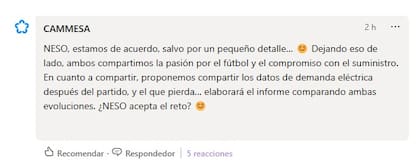 Cammesa recogió el guante y propuso una apuesta: el organismo del país que pierda deberá elaborar un informe comparando cómo evolucionó la demanda eléctrica durante el partido.