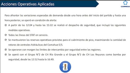 Cammesa reforzó la operación del sistema eléctrico con un esquema especial de seguridad desde una hora antes y hasta una hora después del partido para absorber las bruscas variaciones de demanda