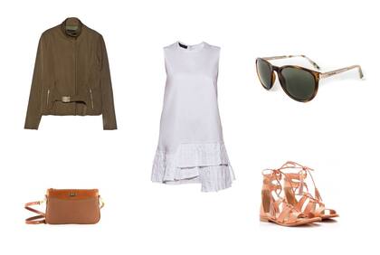 Campera (Sette, $3080 sale The Net Boutique) Vestido (Sette, $2890) Anteojos (Elizabeth Arden) Cartera (Via Uno, $1599) Sandalias (Sofi Martire, $2890)