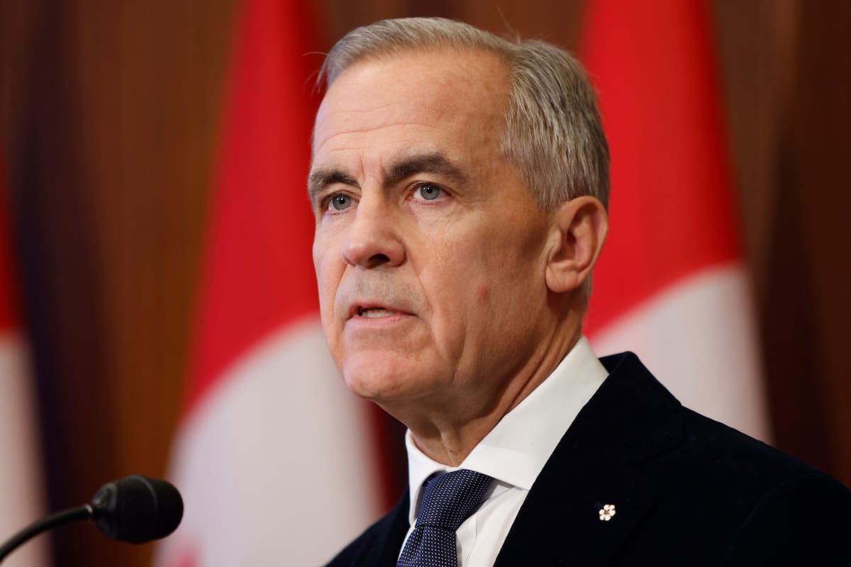 Canada Prime Minister Mark Carney delivers a statement on Parliament Hill following a deadly fire at Canadian Forces Base Wainwright in Alberta, in Ottawa on Sunday, Oct. 18, 2026. (Patrick Doyle/The Canadian Press via AP)