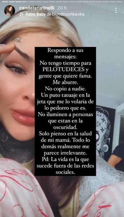 Sin mencionarla, Candelaria Tinelli respondió a la denuncia que Rebecca Fox hizo en Twitter
