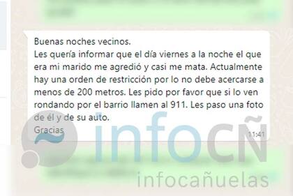 El mensaje que la víctima del femicidio envió a los vecinos por WhatsApp.