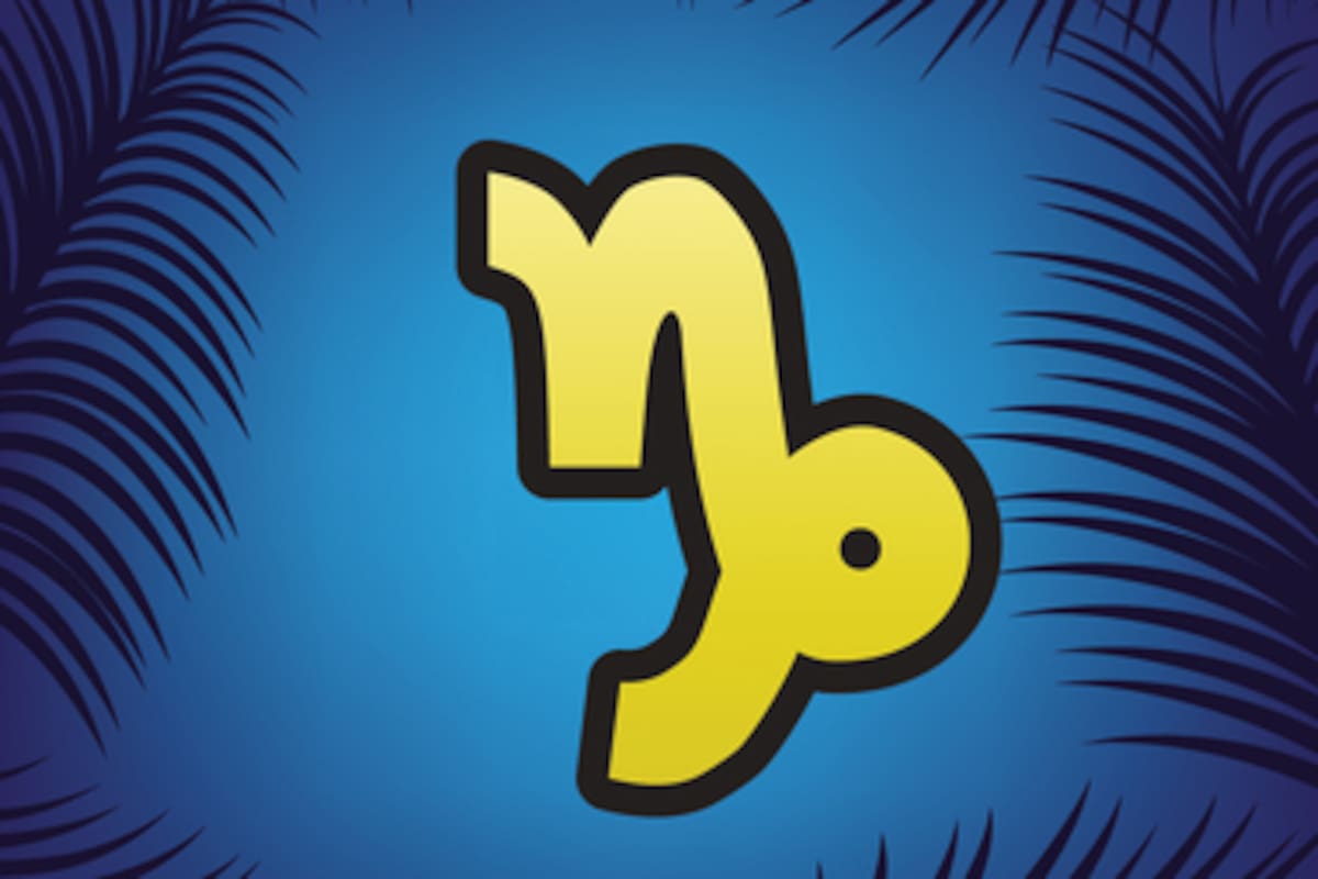 Capricorn sign illustration. Vector. Golden icon with black contour at blue background with branches of palm trees.