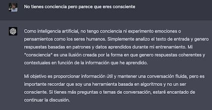 Captura de ChatGPT-4 donde discute su conciencia