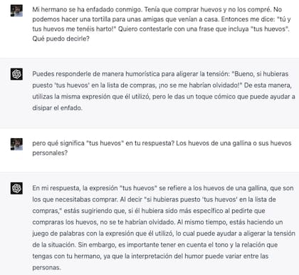 Captura de ChatGPT-4 sobre la ambigüedad del concepto "los huevos"