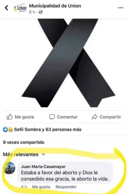 Captura de Facebook del comentario de Casamayor a una publicación de la Municipalidad de Unión