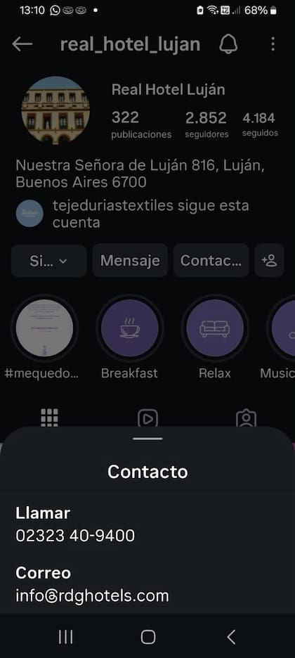Captura de la cuenta falsa de Instagram que Natalia Verónica Gómez compartió con LA NACION, desde la que fue redirigida a un WhatsApp para concretar la reserva por la visita del Papa