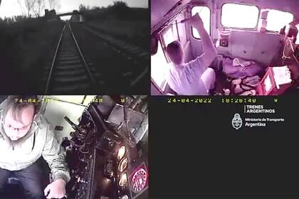 Captura de las imágenes de las cámaras de video apostadas en el tren que realiza el trayecto Mar del Plata-Buenos Aires, un segundo antes de impactar contra un neumático relleno de piedras puesto adrede en las vías
