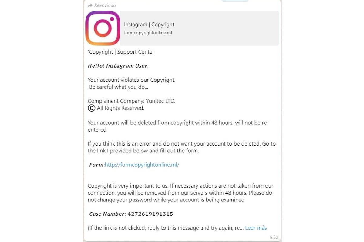 Captura de pantalla de la estafa para robar cuentas de Instagram
