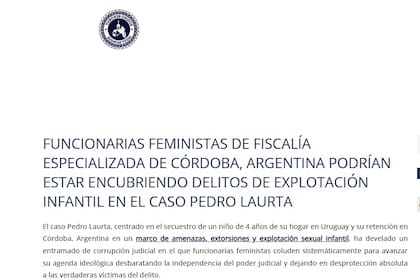 Captura de pantalla de la página de Varones Unidos sobre el "caso Laurta"