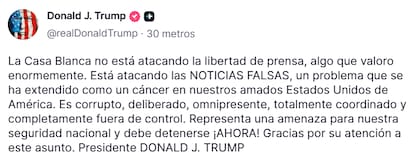 Captura de pantalla de la publicación de Trump. Fuente: Truth Social