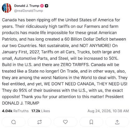Captura de pantalla de la publicación de Trump. Fuente: Truth Social