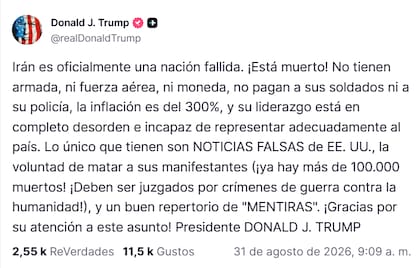 Captura de pantalla de la publicación de Trump. Fuente: Truth Social