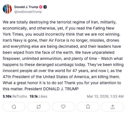 Captura de pantalla de la publicación de Trump. Fuente: Truth Social