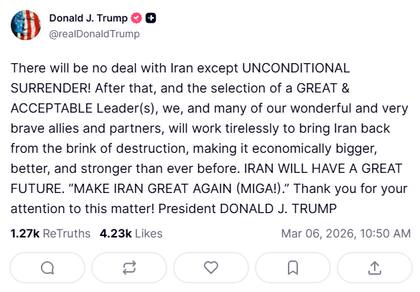 Captura de pantalla de la publicación de Trump. Fuente: Truth Social