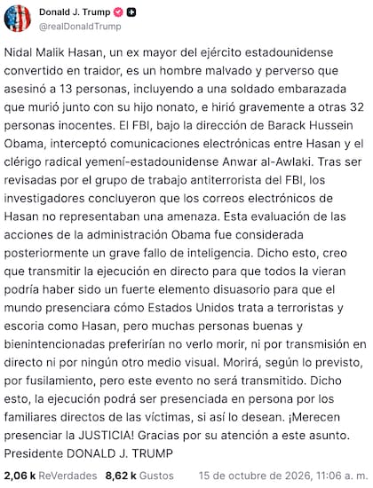 Captura de pantalla de la publicación de Trump. Fuente: Truth Social
