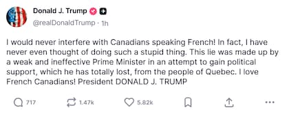 Captura de pantalla de la publicación de Trump. Fuente: Truth Social
