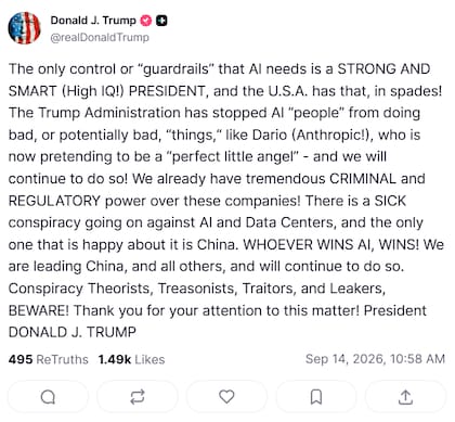Captura de pantalla de la publicación de Trump. Fuente: Truth Social