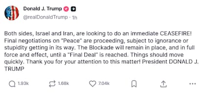 Captura de pantalla de la publicación de Trump. Fuente: Truth Social