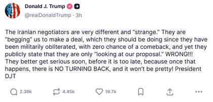 Captura de pantalla de la publicación de Trump. Fuente: Truth Social