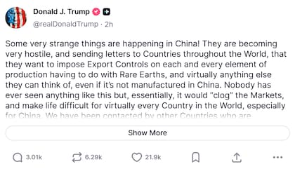 Captura de pantalla de la publicación del presidente norteamericano, Donald Trump, sobre los posibles aranceles a China. Fuente: Truth Social