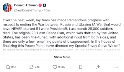 Captura de pantalla de la publicación del presidente norteamericano, Donald Trump. Fuente: Truth Social