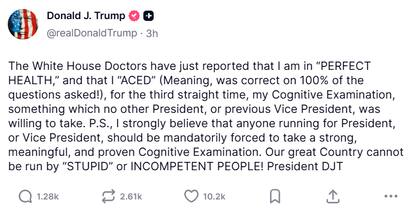 Captura de pantalla de la publicación del presidente norteamericano, Donald Trump. Fuente: Truth Social
