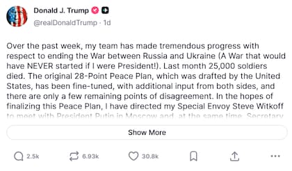Captura de pantalla de la publicación del presidente norteamericano, Donald Trump. Fuente: Truth Social