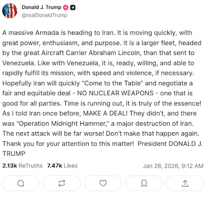 Captura de pantalla del mensaje publicado por Trump. Fuente: Truth Social