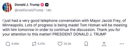 Captura de pantalla del mensaje publicado por Trump. Fuente: Truth Social