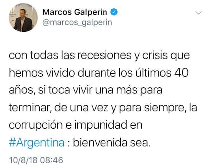 Captura de pantalla del tweet que Galperín había enviado minutos antes de las 9 de la mañana