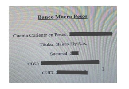 Captura de un mensaje que, según la Justicia, Mastropietro le envió a Calvete con datos bancarios de Baires Fly