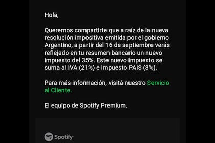 Captura del mail que Spotify les envío a sus seguidores