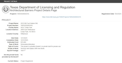 Captura del proyecto registrado para renovar la tienda de H-E-B en Cedar Park (Texas Department of Licensing and Regulation)