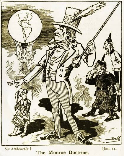 Caricatura publicada en La Silhouette en 1903 sobre la Doctrina Monroe, con Inglaterra, Estados Unidos, Alemania y el bloqueo venezolano