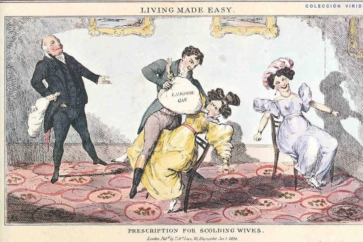 Caricatura satírica británica sobre el óxido de nitrógeno o "gas de la risa"