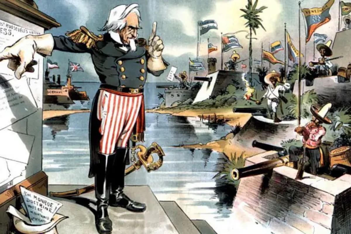Caricatura satírica que apareció en la revista Judge en 1903: la Doctrina Monroe aplicada a Latinoamérica bajo ciertas condiciones