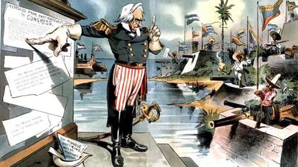 Caricatura satírica que apareció en la revista Judge en 1903: la Doctrina Monroe aplicada a Latinoamérica bajo ciertas condiciones
