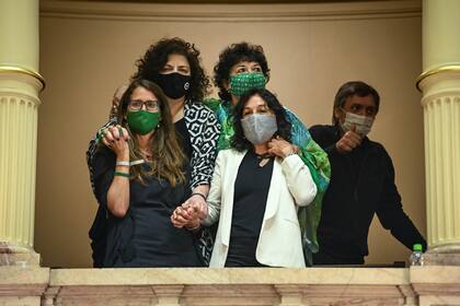 Carla Vizzotti, Elizabeth Gómez Alcorta, Dora Barrancos, Vilma Ibarra y Máximo Kirchner luego de aprobarse la Ley de aborto en el Senado