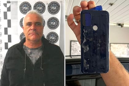 Carlos Di Stefano, al ser detenido en Ezeiza, tras su intempestivo regreso desde Madrid; a la derecha, el celular que su ex encontró pegado debajo de su auto