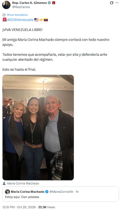 Carlos Giménez celebró el regreso de María Corina Machado a Venezuela con la frase de la opostiora "Esto es hasta el final"
