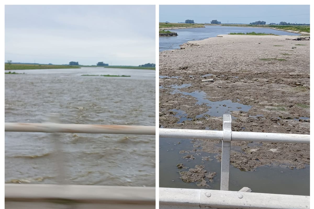 Carlos Grondona relata que la primera foto la sacó el 25 de octubre, cuando pasó por el puente del río Salado en el momento de mayor inundación, con una correntada muy fuerte. Ahora el contraste es total, con el río muy bajo
