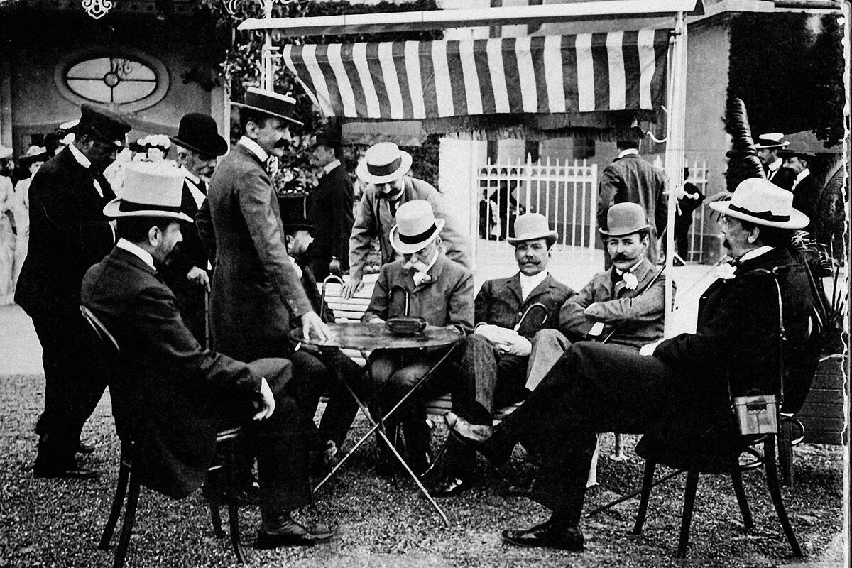 Carlos Pellegrini en compañía de Miguel Cané, Carlos Campos, Alejandro Madero, Julián Martínez y Rufino Varela.