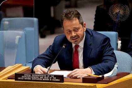 Carlos Ruiz Massieu, el enviado de la ONU para Colombia, habla ante el Consejo de Seguridad de Naciones Unidas el martes 13 de julio del 2021 en la sede de la ONU en Nueva York. (Eskinder Debebe/UN Photo via AP)