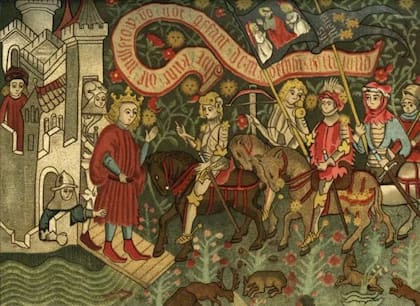Carlos VII de Francia recibe a Juana de Arco en el castillo de Chinon, 1429, tapiz alemán, Episodio de la Guerra de los Cien Años 1337-1453, Museo de Orleans, Francia
