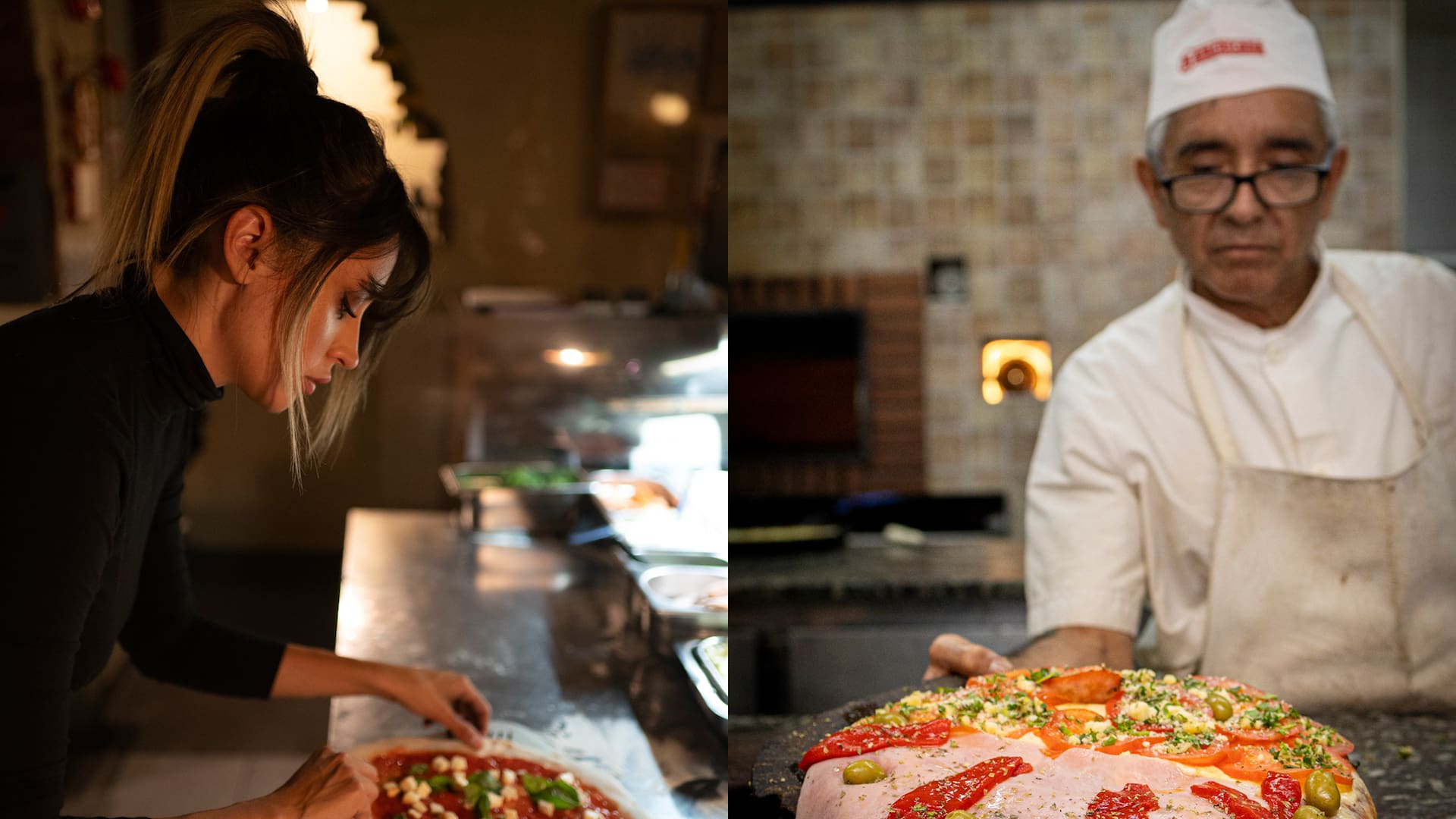 Carola Santoro, de Ti Amo, con una pizza "napoletana", y uno de los pizzeros de la Americana, con una clásica porteña de media masa