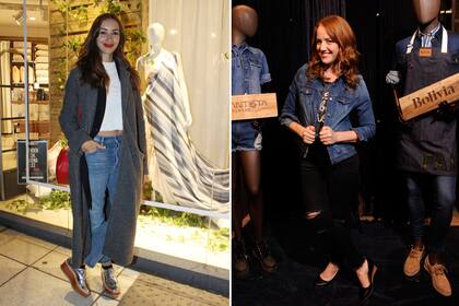 Carolina Di Nezio con un maxi tapado, jeans y zapatos acordonados metalizados en el evento de Arredo. Por su parte, Caro Ibarra pasó a conocer la ueva colección de Bolivia x Santista Jeanswear