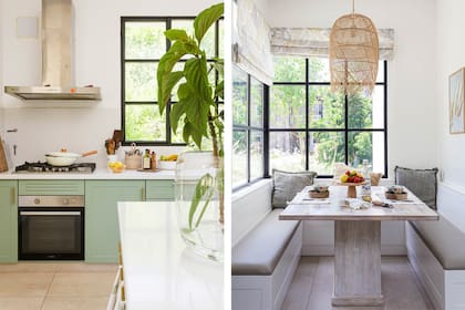 Carpinterías de hierro y DVH (ART Arquitectos). En el desayunador, mesa y bancos estilo diner a medida, cortinas y lámparas de techo (Lolo & Co).