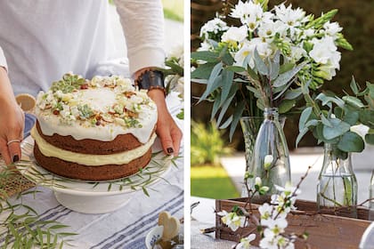 Carrot cake con suculentas, alelíes, glasé de naranjas, caramelo, avellanas, almendras, rulos de chocolate blanco y ralladuras de lima y naranja (Sucreries).